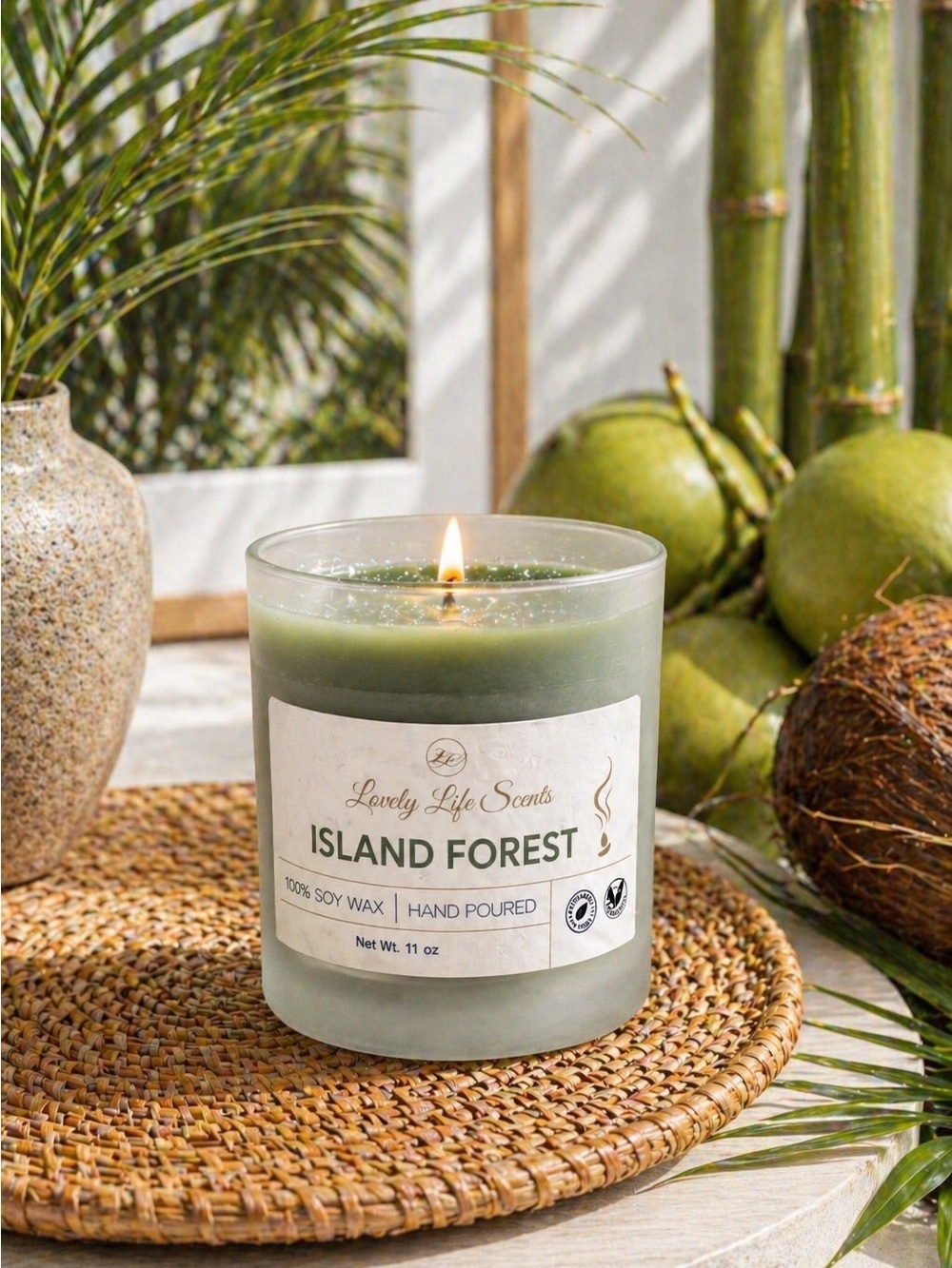 Lovely Life Scents Island Forest 11oz Premium Soy Candle, a Bamboo Coconut Scent